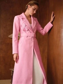 MOTF PREMIUM ABRIGO LARGO BORDADO DE ESTILO URBANO PARA MUJER - Rosa - Ver 6