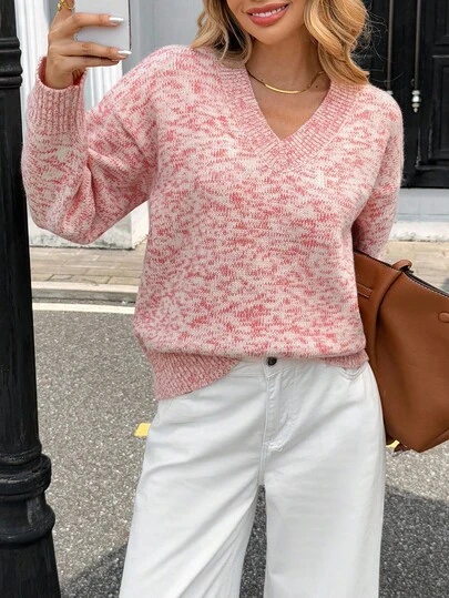 Chiquease Women's Casual Pullover Knit Sweater, Simple Design, Pink Blend, Autumn,Winter Clothes, Winter Clothes For Women,Women's Winter Sweater,A Pink-And-White Marled Knitted Sweater. It Features A V-Neck Design That Flatters The Neckline Nicely. The Knitting Texture Creates A Natural Marled Effect, Which Is Soft And Rich In Layering. With A Loose Overall Fit, It Combines Casual Comfort And Fashion Sense.For Vacation, Office, Home, Daily Wear, And Is Popular For Dates, Festivals Such As The Spring Festival, New Year, Christmas, Valentine's Day, Back-To-School Season, And Parties.Christmas Clothes For Women,Pattern Type