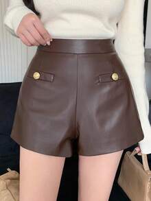 DAZY Celana Pendek Wanita PU Polos Elegan dengan Rivet dan Kantong Imitasi - Coffee Brown - View 10