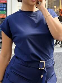 NegzBox Navy Round Neck Short Sleeve Casual T-Shirt For Women, Summer - Navy Blue - View 3