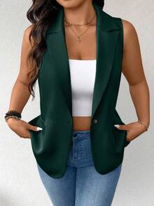 EMERY ROSE 大码女式薄款休闲简约无袖西装外套 - 墨綠色 - 查看 3