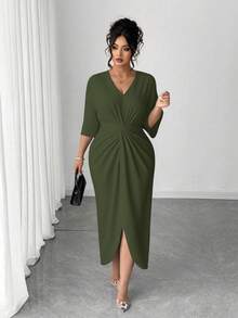 Elenzga Gaun Bodycon Leher V Ukuran Besar dengan Pinggang Ramping - Hijau Tentara - View 6