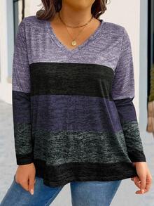 EMERY ROSE Plus Size Long Sleeve Colorblock Casual Retro V-Neck Tee, For Everyday Wear Women Tops For Spring - Multicolor - View 5