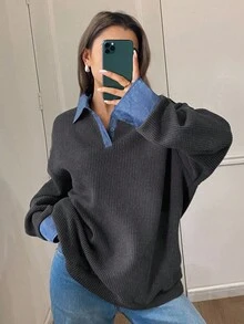 DAZY Women's Contrast Texture Loose Long Sleeve Pullover Sweater, Casual Street Style Fall/Winter - Grey - View 1