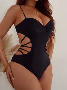 Swim SXY Summer Beach Criss Cross Push Up One Piece Swimsuit - Black - View 4