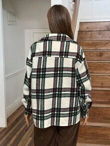 LanaWest Women's Retro Plaid Shirt Collar Patch Pocket Long Sleeve Loose Casual Fleece Jacket, Christmas - Multicolor - View 2