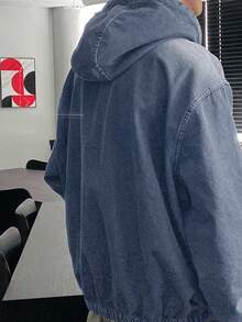 DAZY 男士纯色水洗连帽设计黑色牛仔夹克，秋季 - 淺色水洗藍 - 查看 2