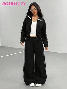 3 PiecesCasual Set For Teen Girl With Zip-Up Jacket In Minimalist Style With Contrast Trim, Soft & Comfortable White Tank Top, Matching Contrast Trim Pants, Suitable For Daily Wear And Activities