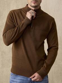 Manfinity Homme Men's Stand-Up Collar Brown Sweater With A Quarter Zip, Long Sleeves Knit Top, Suitable For Autumn And Winter, Can Be Worn Under Or As An Outer Sweatshirt, Ideal For Work Commuting, Outdoor Sports, And Home Life, A Style That Girls Love For Handsome - Brown - View 4