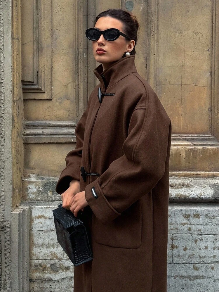 Women's Solid Color Loose Patchwork Knitted Cuff Horn Button Windbreaker Style Long Coat, Autumn/Winter Jacket