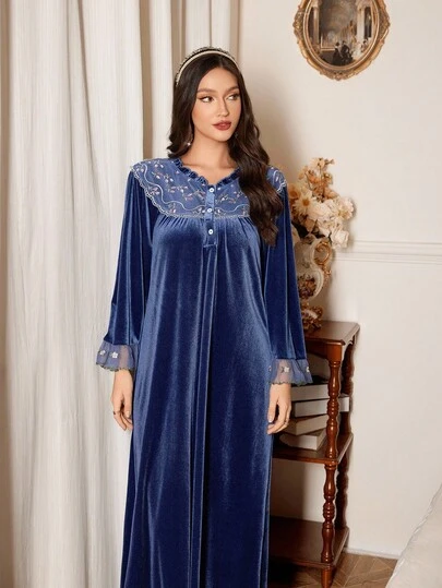 PalaceNights Women's Vintage Palace Embroidered Lace Trim Loose Velvet Long Nightgown, For Fall Women Sleepwear, Winter, Moo Moo Night Dress