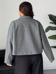 Dazy Plus 大码女式加厚纯色休闲口袋针织短外套，秋冬女式外套 - 灰色 - 查看 2