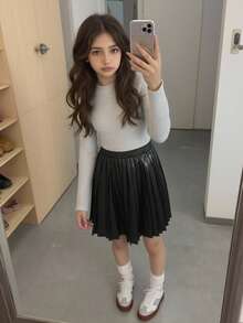 Elladie kids 2件套青少年女孩灰色纹理长袖上衣和仿皮裙 - 彩色 - 查看 3