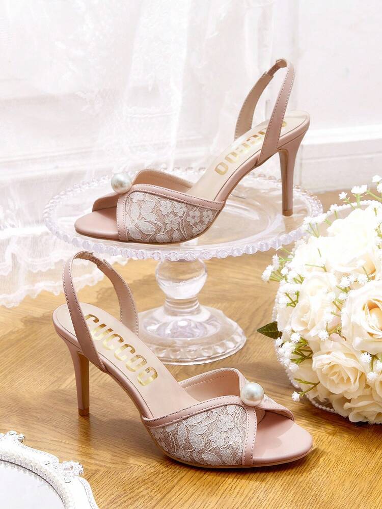 CUCCOO HITCHD Pink Pointed Toe Stiletto Heel Lace Pearl Elegant Wedding Party Women High Heel Sandals For Christmas Wedding Shoes Summer Shoes Bride Shoes