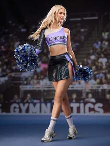 Cheerettes Color Block Mesh Letter Print Cropped Sports T-Shirt