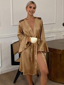DAZY Women's Satin & Lace Patchwork Ruffle Sleeve Design Robe Pajama, Winter - Camel - View 4