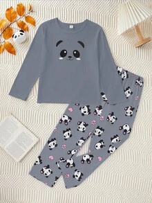 Genkimix Kids 2件套女童熊猫印花休闲舒适长袖上衣和裤子家居服套装