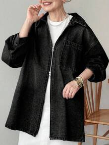 FRIFUL Women's Autumn Drop Shoulder Long Sleeve Zipper Front Casual Pocket Denim Jacket