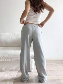 SHEIN Unity 女式灰色和粉色洛杉矶城市名刺绣低腰抽绳系带复古宽松运动裤，时尚休闲百搭通勤家居服运动服设计，秋冬 - 灰色 - 查看 2