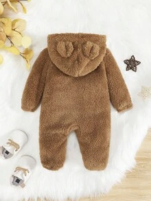 SHEIN Newborn Baby Boy 3D Ear Design Hooded Zipper Flannel Sleep Jumpsuit - Khaki - View 5