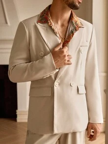 HIMLAND Men's Solid Color Double-Breasted Elegant Long Sleeve Blazer, For Fall Winter - Apricot - View 6