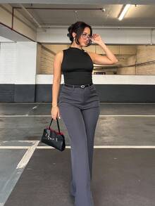 NegzBox Women's Casual Business Minimalistic Pocket Design Flared Woven Trousers - Dark Grey - View 6