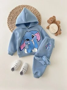 Babygirl 可爱卡通图案连帽衫和裤子套装，秋冬 - 藍色 - 查看 6