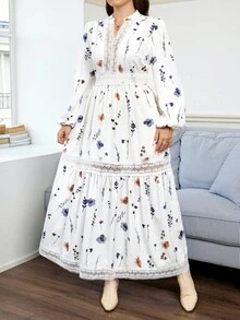 SHEIN LUNE 加大码优雅花卉印花长裙，适合通勤 - 白色 - 查看 3