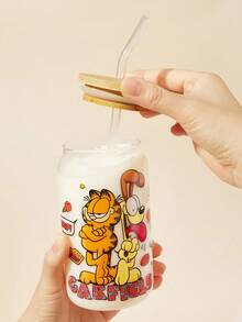GARFIELD | SHEIN Taza de vidrio borosilicatado alto con estampado de gatos y perros de dibujos animados (incluido cepillo para limpiar la pajita), adecuada para bebidas frías y calientes, café, leche, jugo, etc.
