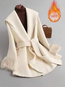 GlowEve 女士优雅长袖常规夹克，人造毛皮腰带设计，适合秋冬季 - 杏色 - 查看 3