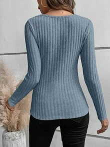 EMERY ROSE 女士优雅纯色扭纹设计长袖罗纹修身T恤 - 霧霾藍 - 查看 2