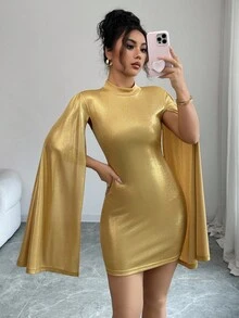 Selianne Women's Mock Neck Fitted Extra Long Sleeve Mini Dress - Gold - View 7