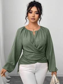 Elenzga Plus Size Women's Solid Color Keyhole Neck Raglan Sleeve Waist Crisscross Design Fashion Blouse