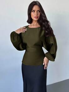 Firerie 女士新款优雅浪漫休闲都市通勤百搭圆领蝙蝠袖长袖衬衫，适合教师及秋季穿着 - 軍綠色 - 查看 3