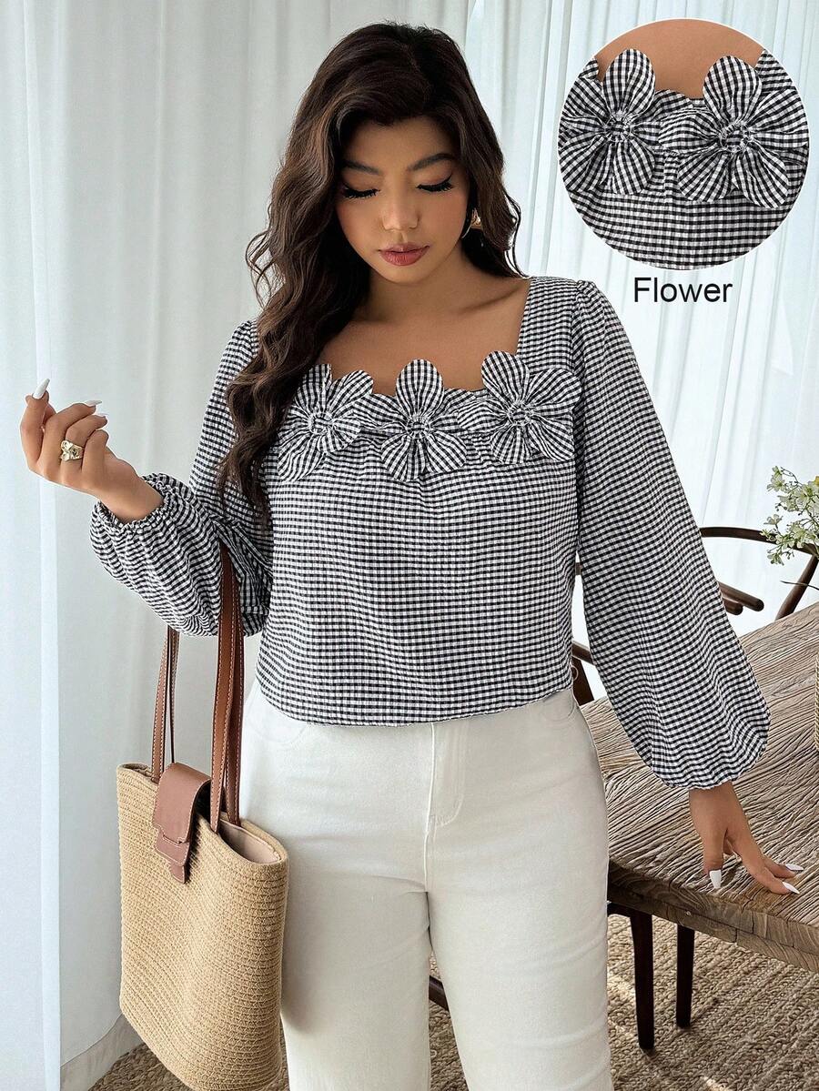 Weeklong Áo sơ mi dài tay họa tiết hoa 3D cỡ lớn - Đen và trắng - Xem 1