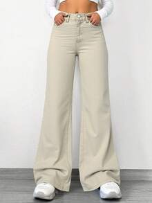 Cottnline Women's Solid Color Straight Leg Jeans - Beige - View 1
