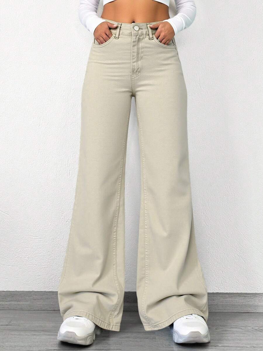 Cottnline Women's Solid Color Straight Leg Jeans - Beige - View 1