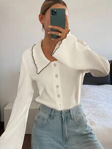 Livesso Áo khoác cardigan dài tay, cài khuy đơn, cổ bẻ cho nữ, mùa thu - trắng - Xem 4