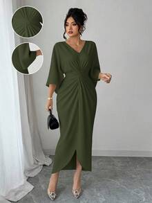 Elenzga Gaun Bodycon Leher V Ukuran Besar dengan Pinggang Ramping - Hijau Tentara - View 3