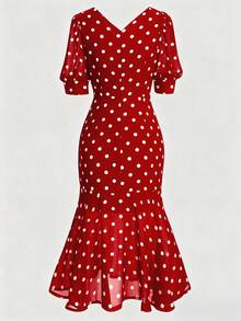 Velvienne 大码女式波点印花V领中袖鱼尾下摆修身优雅连衣裙 - 紅色 - 查看 2