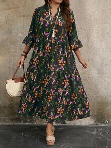 Vintage Floral Print Ruffle Sleeve Plus Size Maxi Dress, Women Spring/Summer Dress - Black - View 1