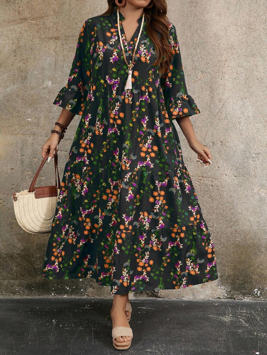 Vintage Floral Print Ruffle Sleeve Plus Size Maxi Dress, Women Spring/Summer Dress - Black - View 1