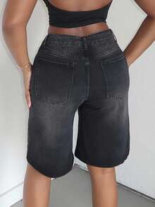 Alexandranx Quần short denim ống rộng Bermuda dáng rộng có túi dành cho nữ, thường ngày - màu đen - Xem 2