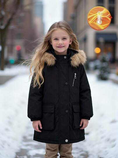 SHEIN Elladie kids Young Girls Winter Hooded Thick Padded Coat With Faux Fur Collar, Mid-Length, Zipper, Pockets, Fashion, Versatile, Autumn/Winter Outerwear Kids Winter Coat Girls Winter Coat