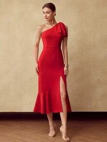MOTF PREMIUM BOW DETAIL SPLIT THIGH MERMAID HEM DRESS, FOR FALL/WINTER, CHRISTMAS DRESS, RED DRESS, NEW YEAR DRESS - Red - View 4