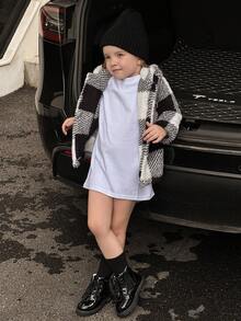 小女童格紋印花連帽絨毛外套無套頭衫