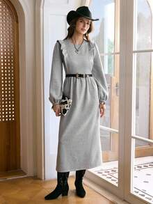 女士灰色圆领荷叶边长袖休闲西部秋季连衣裙“LanaWest” - 灰色 - 查看 4