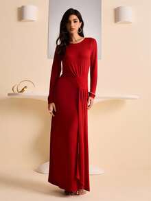 Lyxana Women's Elegant Solid Color Sexy Backless Chain Decor Maxi Dress, Autumn - Burgundy - View 5