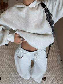 SHEIN EZwear Women's Autumn/Winter Thermal Lined Hoodie And Relaxed Fit Sweatpants Set For Going Out Outfits, Back To School, Streetwear - Light Grey - View 4