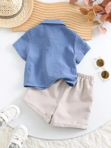 2 件套男婴/女婴休闲纯色短袖衬衫和松紧腰短裤套装，适合夏季居家、外出、旅行和度假